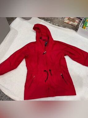 Red Hooded Womens Pacific Trail Jacket with Drawstring Waist